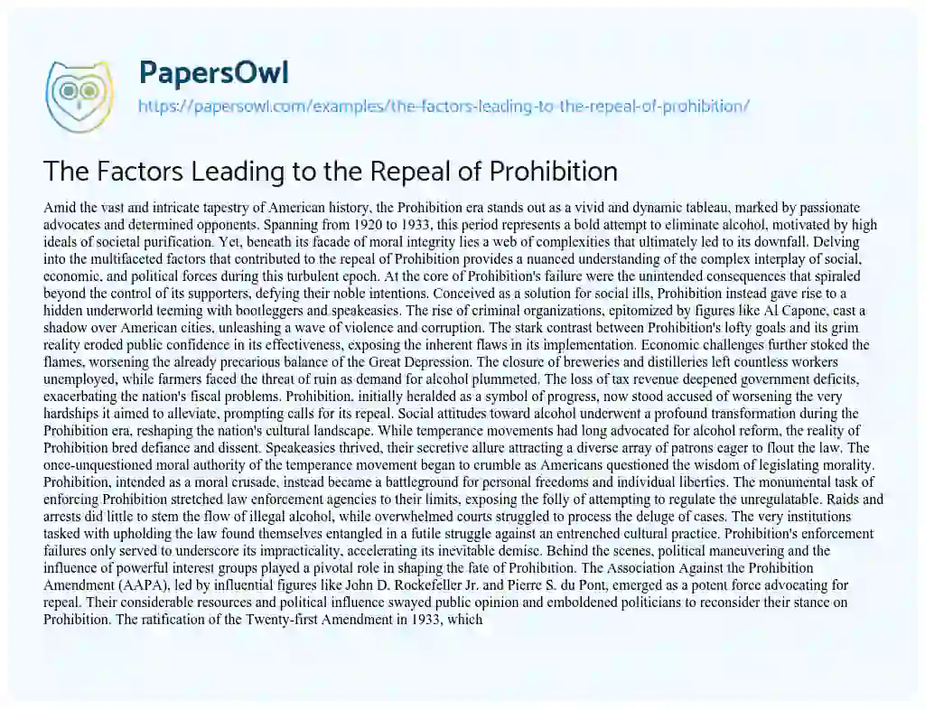 Essay on The Factors Leading to the Repeal of Prohibition