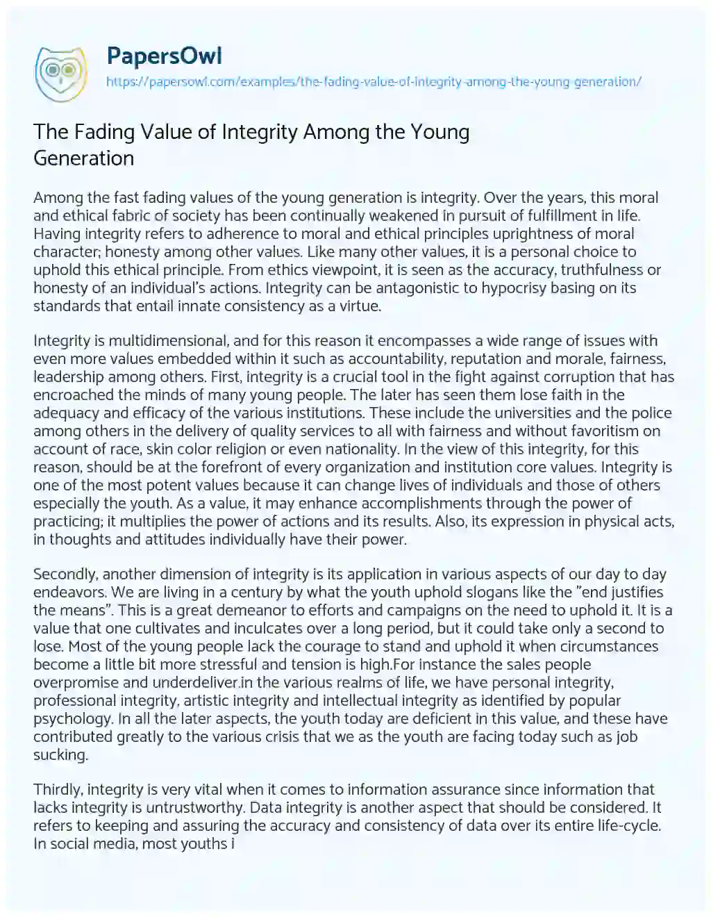 Essay on The Fading Value of Integrity Among the Young Generation