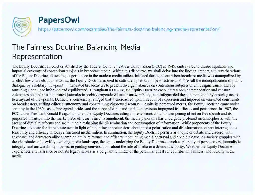 Essay on The Fairness Doctrine: Balancing Media Representation