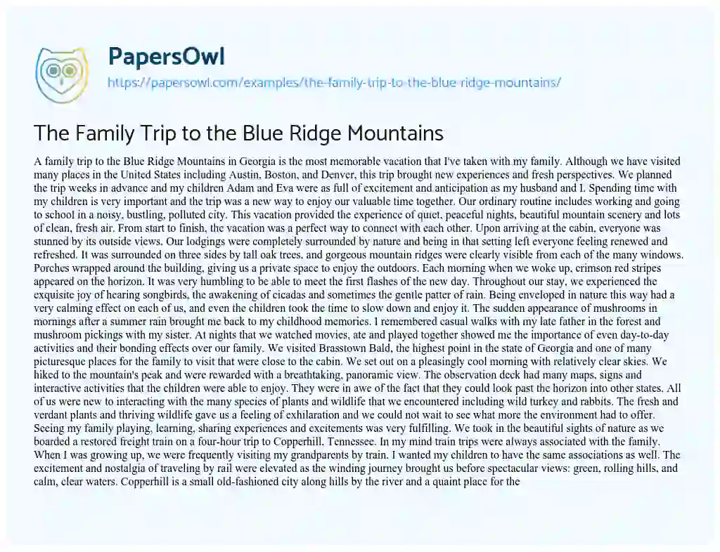 Essay on The Family Trip to the Blue Ridge Mountains