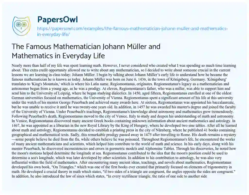 Essay on The Famous Mathematician Johann Müller and Mathematics in Everyday Life