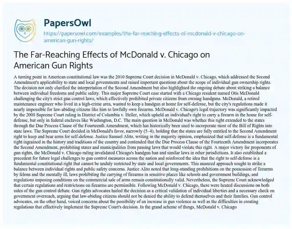 Essay on The Far-Reaching Effects of McDonald V. Chicago on American Gun Rights