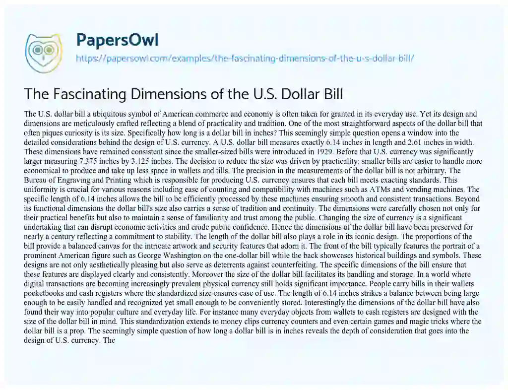 Essay on The Fascinating Dimensions of the U.S. Dollar Bill