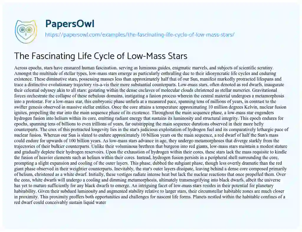 Essay on The Fascinating Life Cycle of Low-Mass Stars