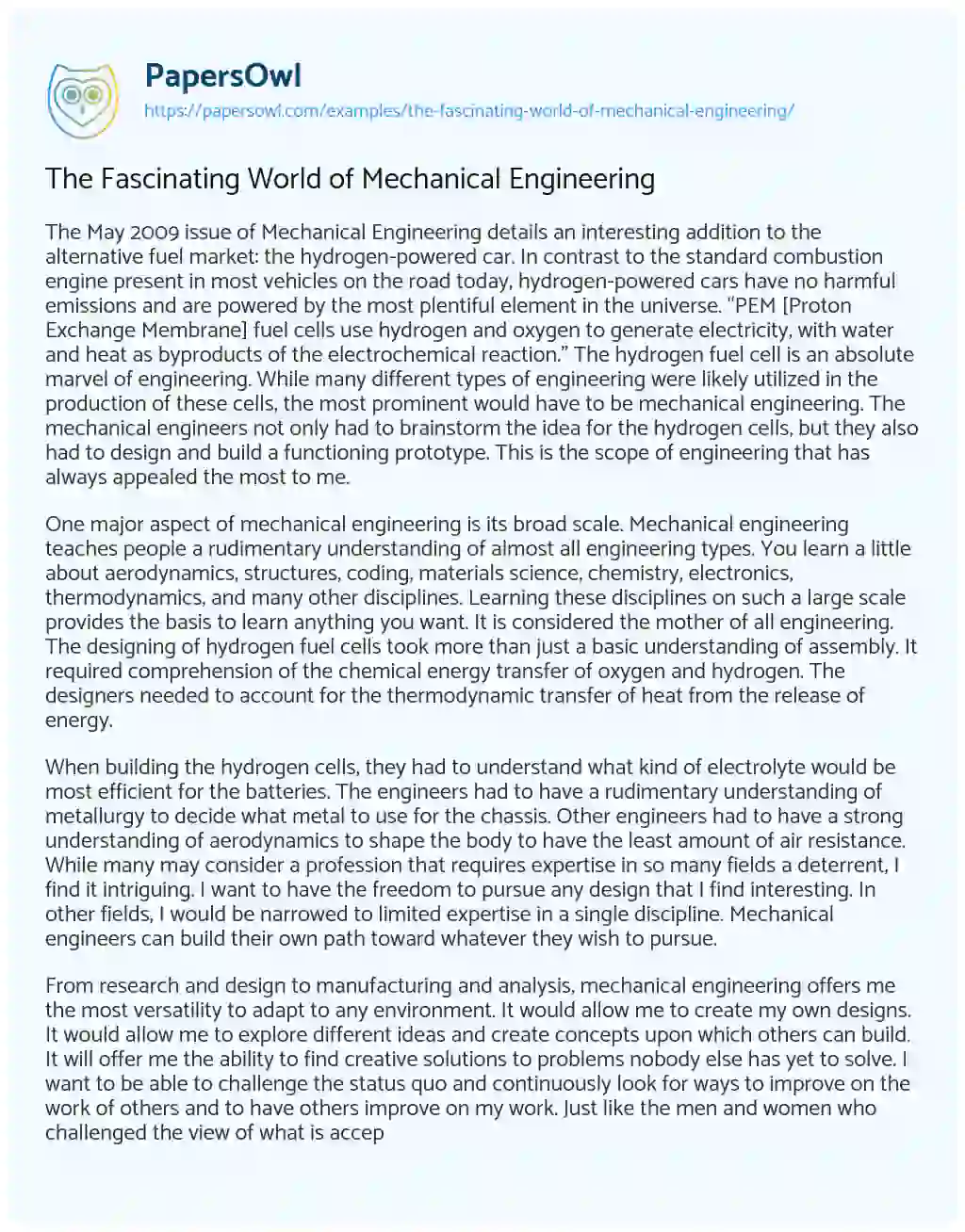 Essay on The Fascinating World of Mechanical Engineering