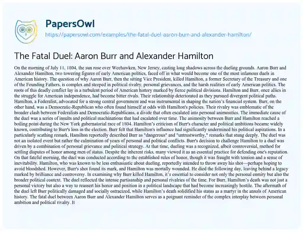 Essay on The Fatal Duel: Aaron Burr and Alexander Hamilton