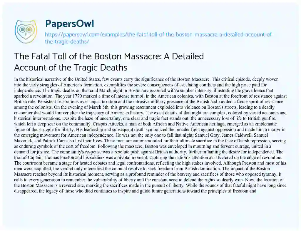 Essay on The Fatal Toll of the Boston Massacre: a Detailed Account of the Tragic Deaths