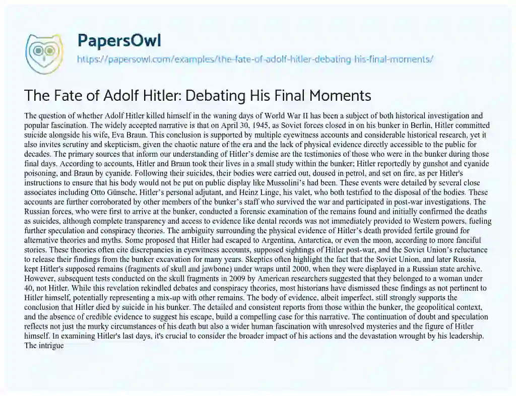 Essay on The Fate of Adolf Hitler: Debating his Final Moments
