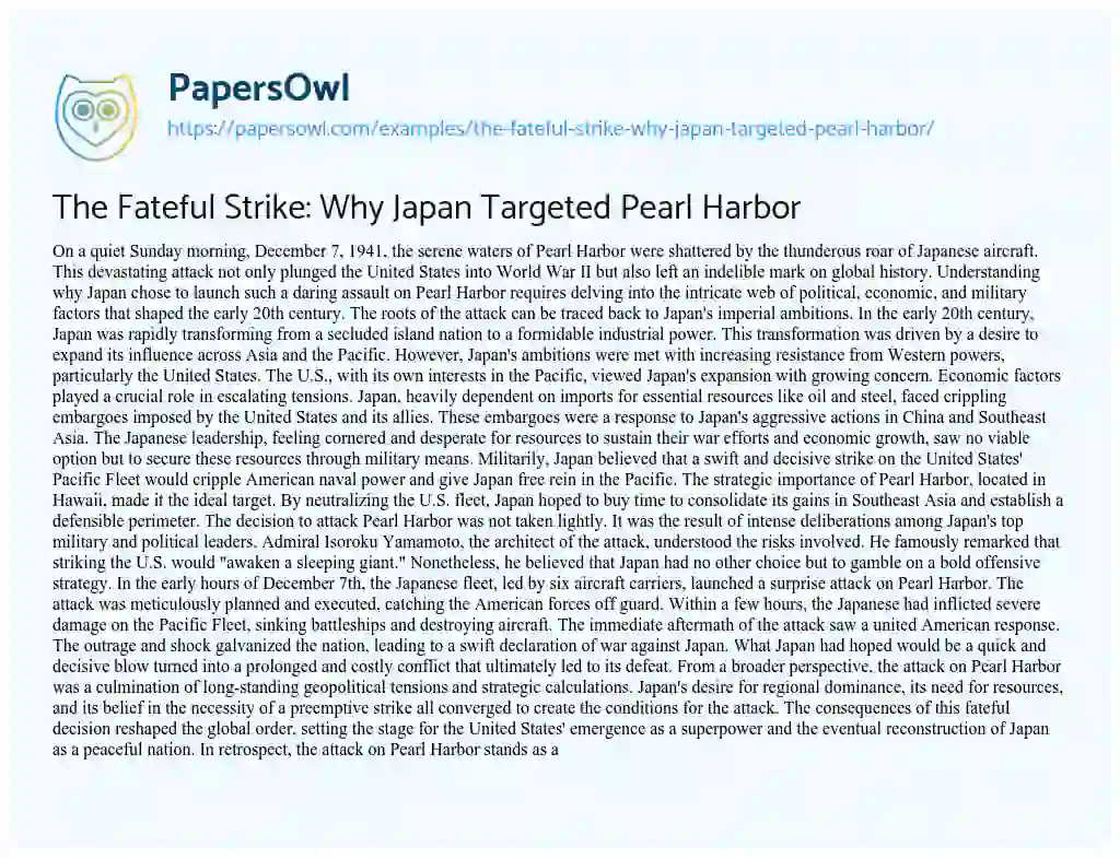 Essay on The Fateful Strike: why Japan Targeted Pearl Harbor