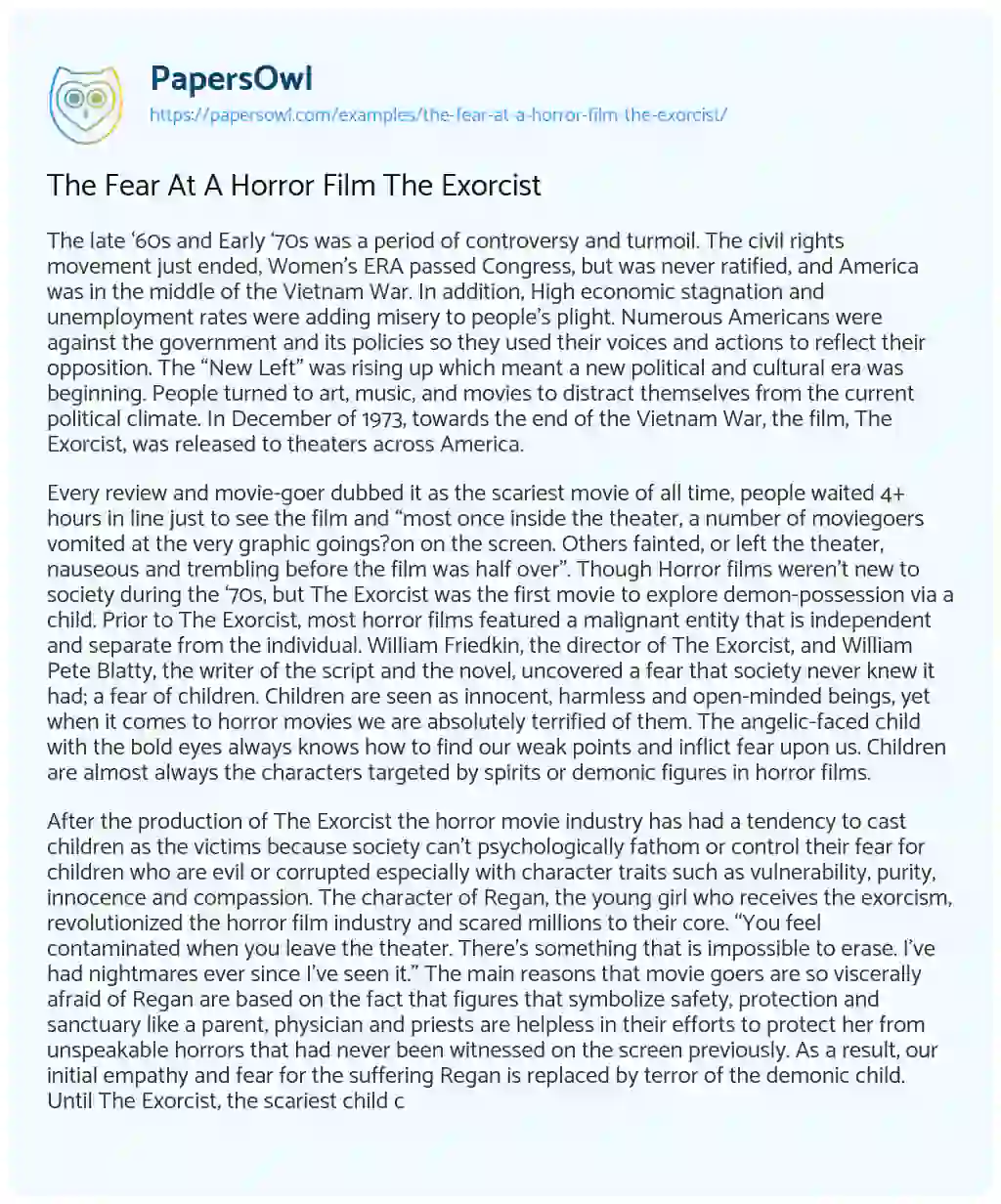 Essay on The Fear at a Horror Film the Exorcist
