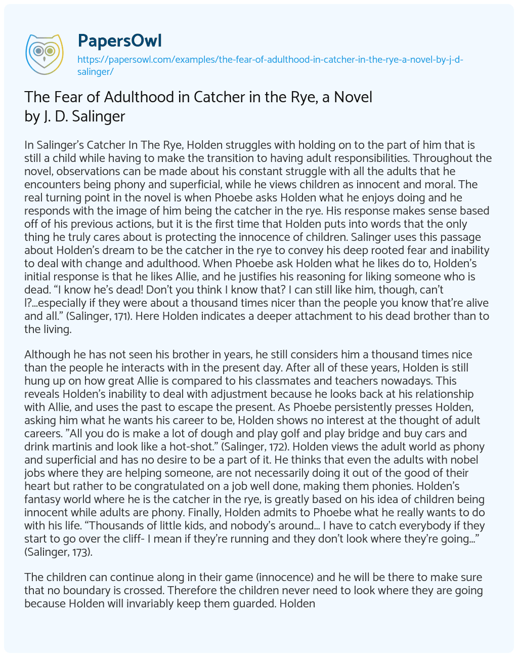 Essay on The Fear of Adulthood in Catcher in the Rye, a Novel by J. D. Salinger