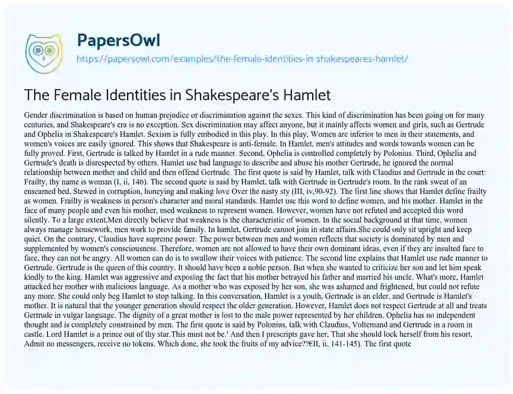 The Female Identities in Shakespeare’s Hamlet essay