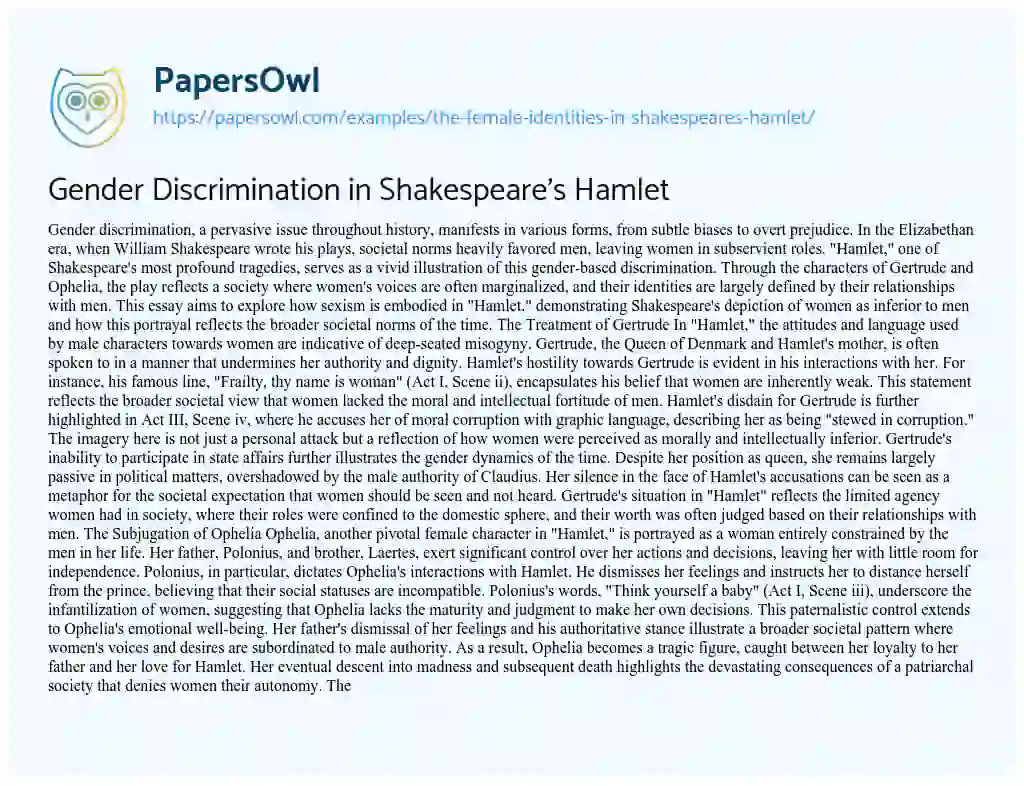 Essay on The Female Identities in Shakespeare’s Hamlet