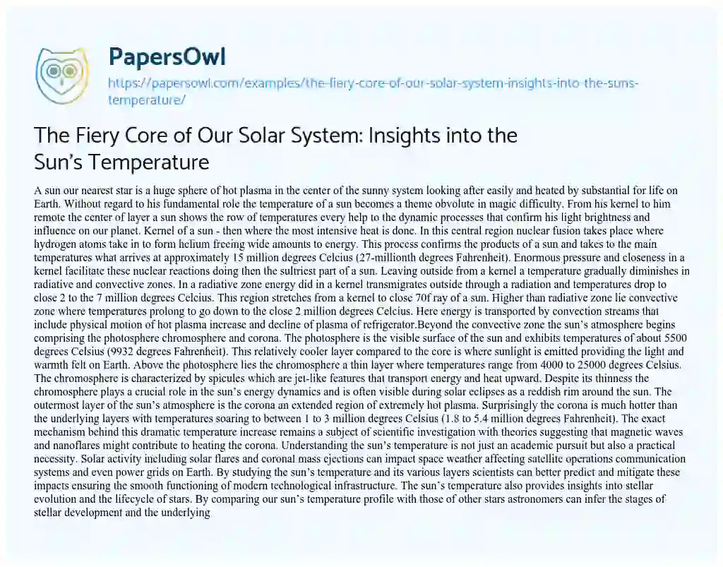 Essay on The Fiery Core of our Solar System: Insights into the Sun’s Temperature