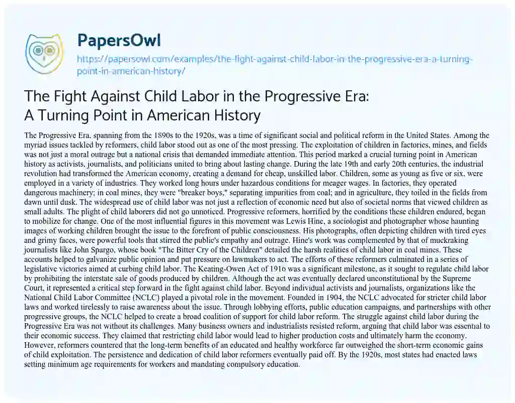 Essay on The Fight against Child Labor in the Progressive Era: a Turning Point in American History