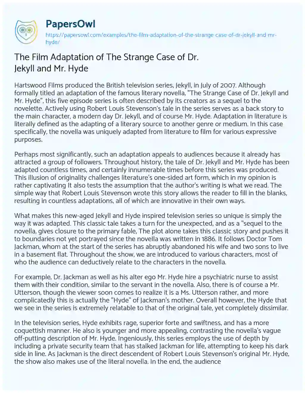 Essay on The Film Adaptation of the Strange Case of Dr. Jekyll and Mr. Hyde