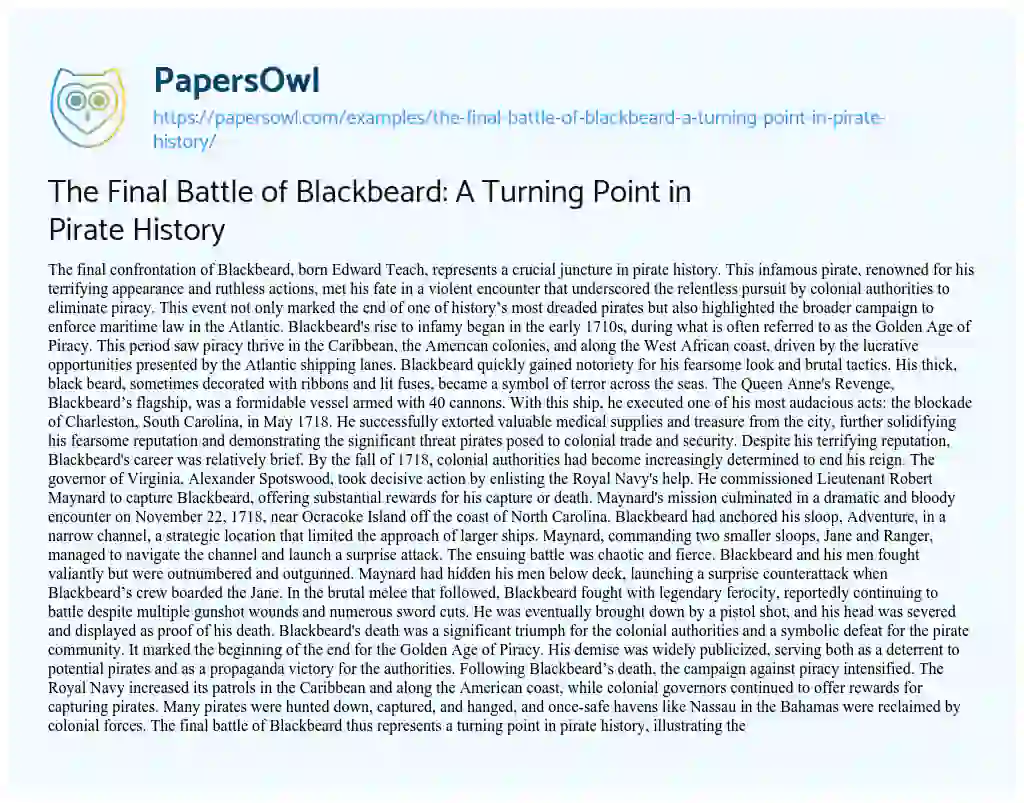 Essay on The Final Battle of Blackbeard: a Turning Point in Pirate History