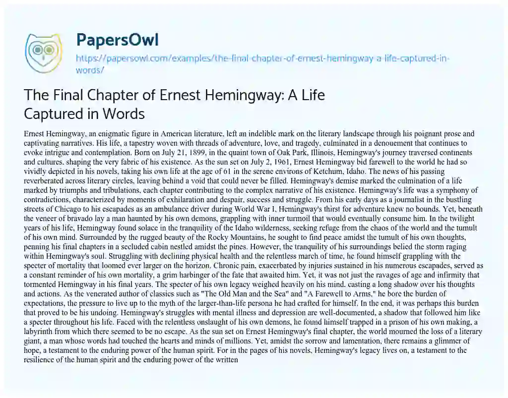 Essay on The Final Chapter of Ernest Hemingway: a Life Captured in Words