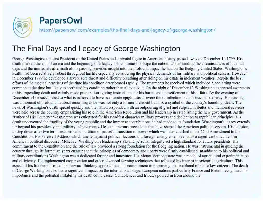 Essay on The Final Days and Legacy of George Washington