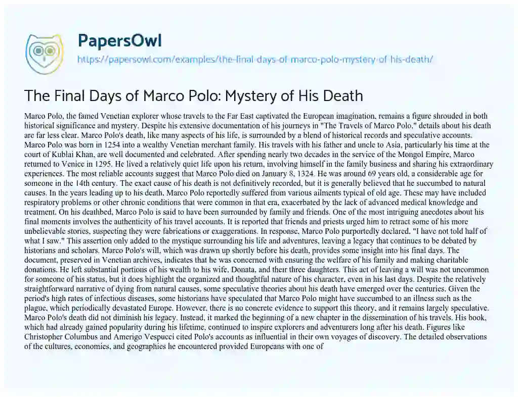 Essay on The Final Days of Marco Polo: Mystery of his Death