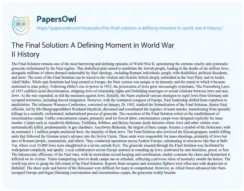 Essay on The Final Solution: a Defining Moment in World War II History