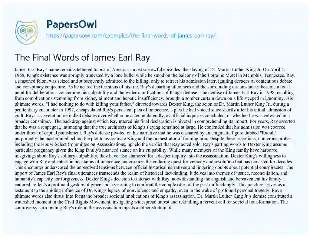 Essay on The Final Words of James Earl Ray