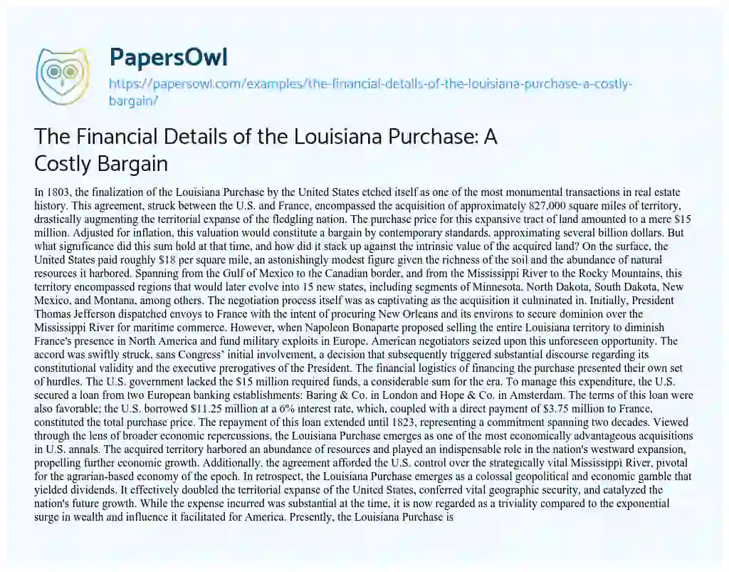 Essay on The Financial Details of the Louisiana Purchase: a Costly Bargain