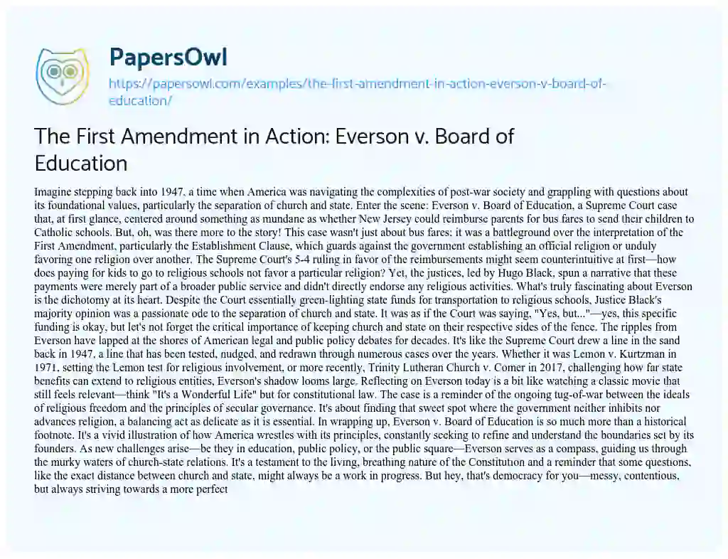 Essay on The First Amendment in Action: Everson V. Board of Education