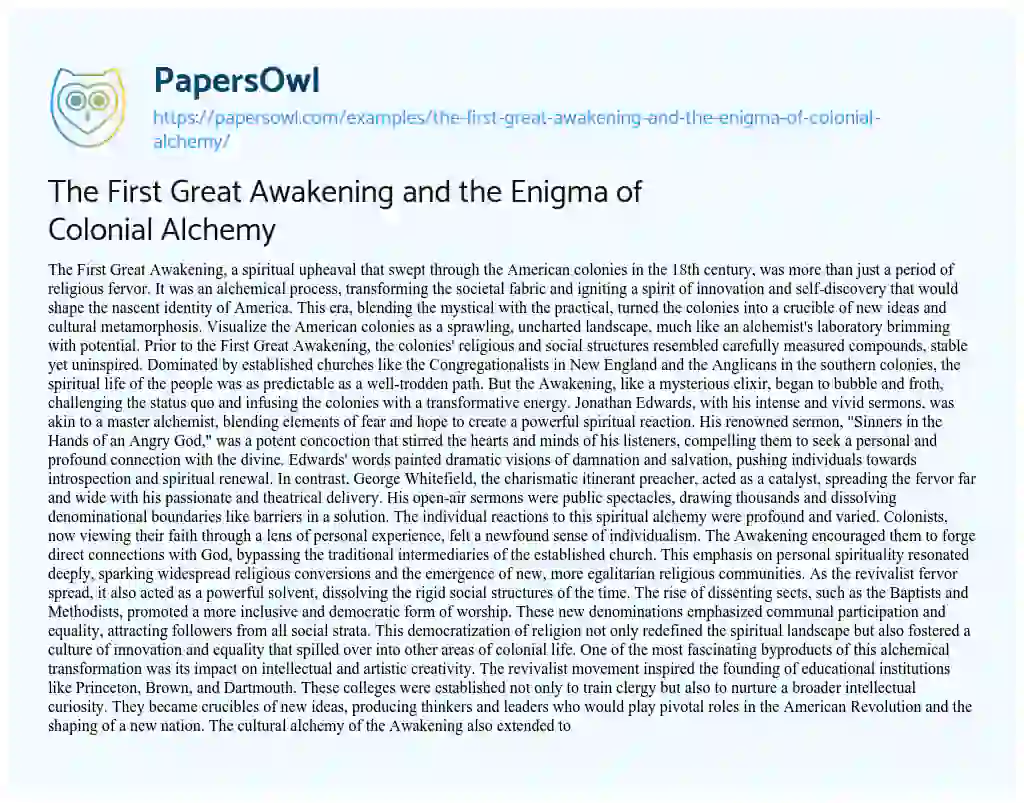 Essay on The First Great Awakening and the Enigma of Colonial Alchemy