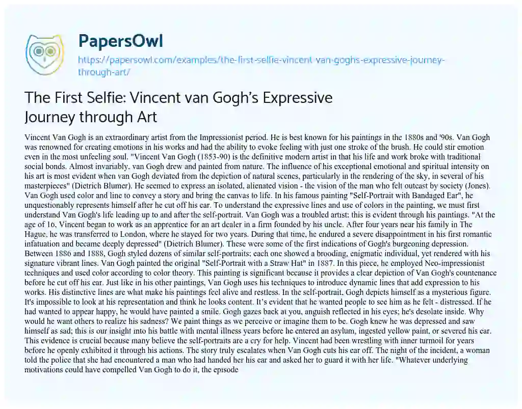 Essay on The First Selfie: Vincent Van Gogh’s Expressive Journey through Art