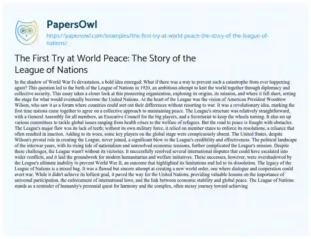 Essay on The First Try at World Peace: the Story of the League of Nations