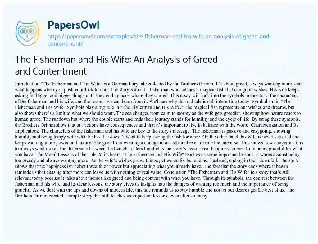 Essay on The Fisherman and his Wife: an Analysis of Greed and Contentment