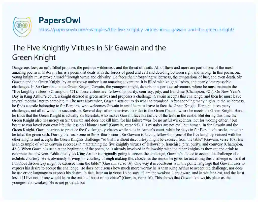 Essay on The Five Knightly Virtues in Sir Gawain and the Green Knight