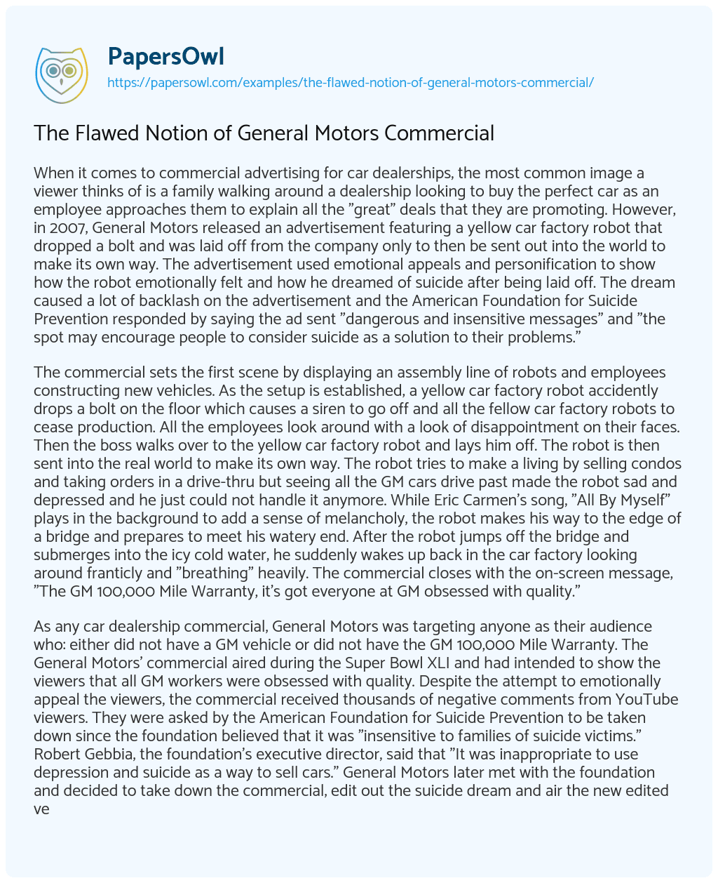 Essay on The Flawed Notion of General Motors Commercial