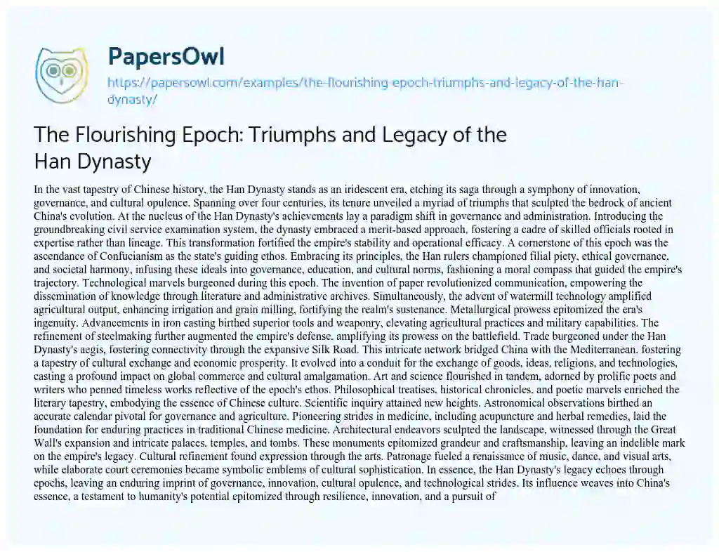 Essay on The Flourishing Epoch: Triumphs and Legacy of the Han Dynasty