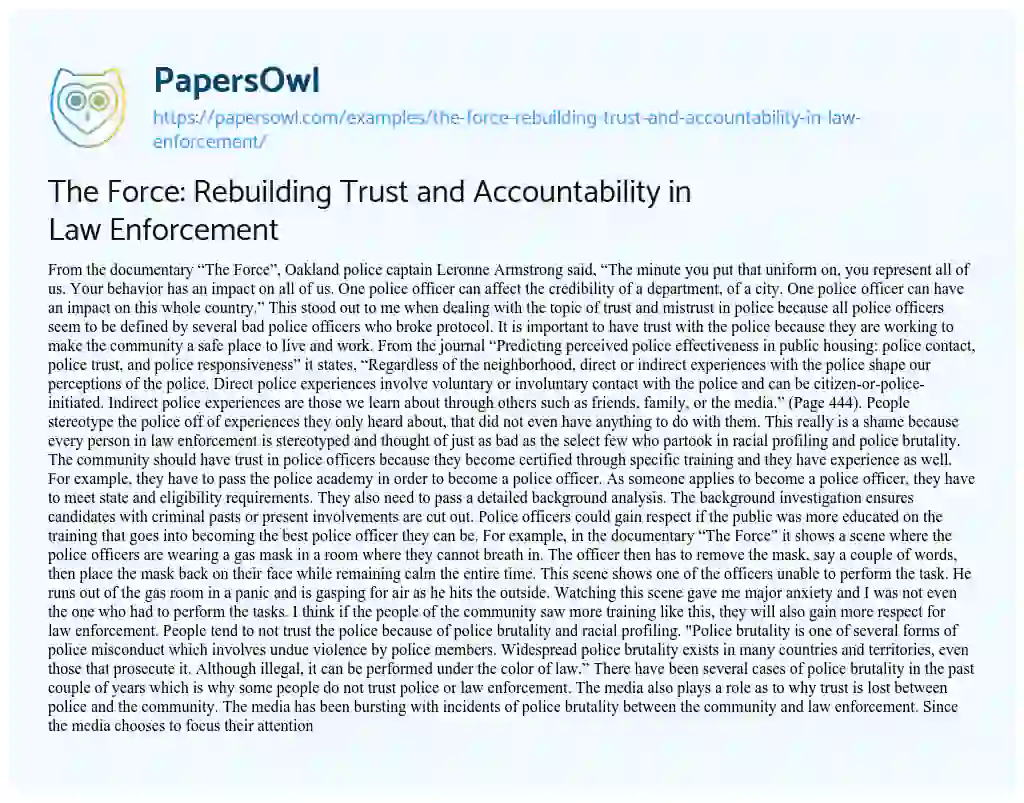 Essay on The Force: Rebuilding Trust and Accountability in Law Enforcement