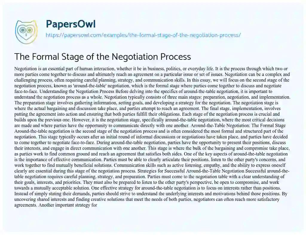 Essay on The Formal Stage of the Negotiation Process