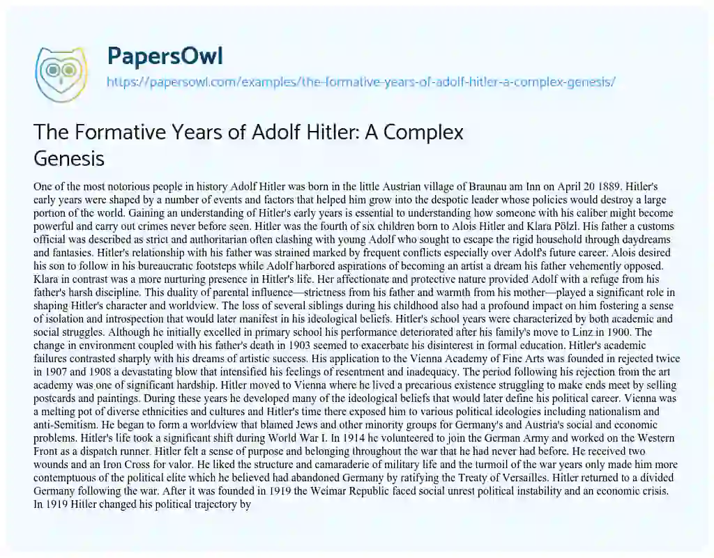 Essay on The Formative Years of Adolf Hitler: a Complex Genesis