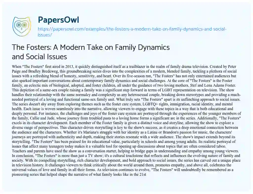 Essay on The Fosters: a Modern Take on Family Dynamics and Social Issues