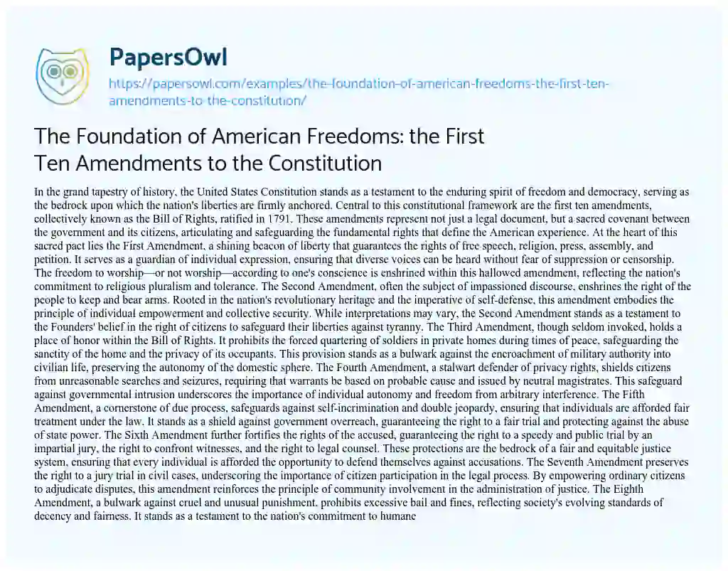 Essay on The Foundation of American Freedoms: the First Ten Amendments to the Constitution