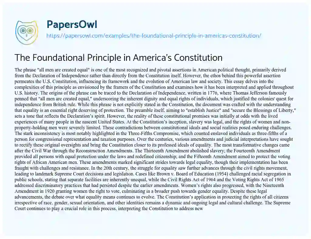 Essay on The Foundational Principle in America’s Constitution