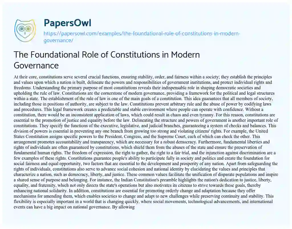 Essay on The Foundational Role of Constitutions in Modern Governance