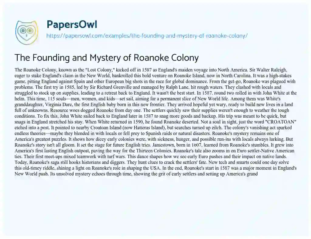 Essay on The Founding and Mystery of Roanoke Colony