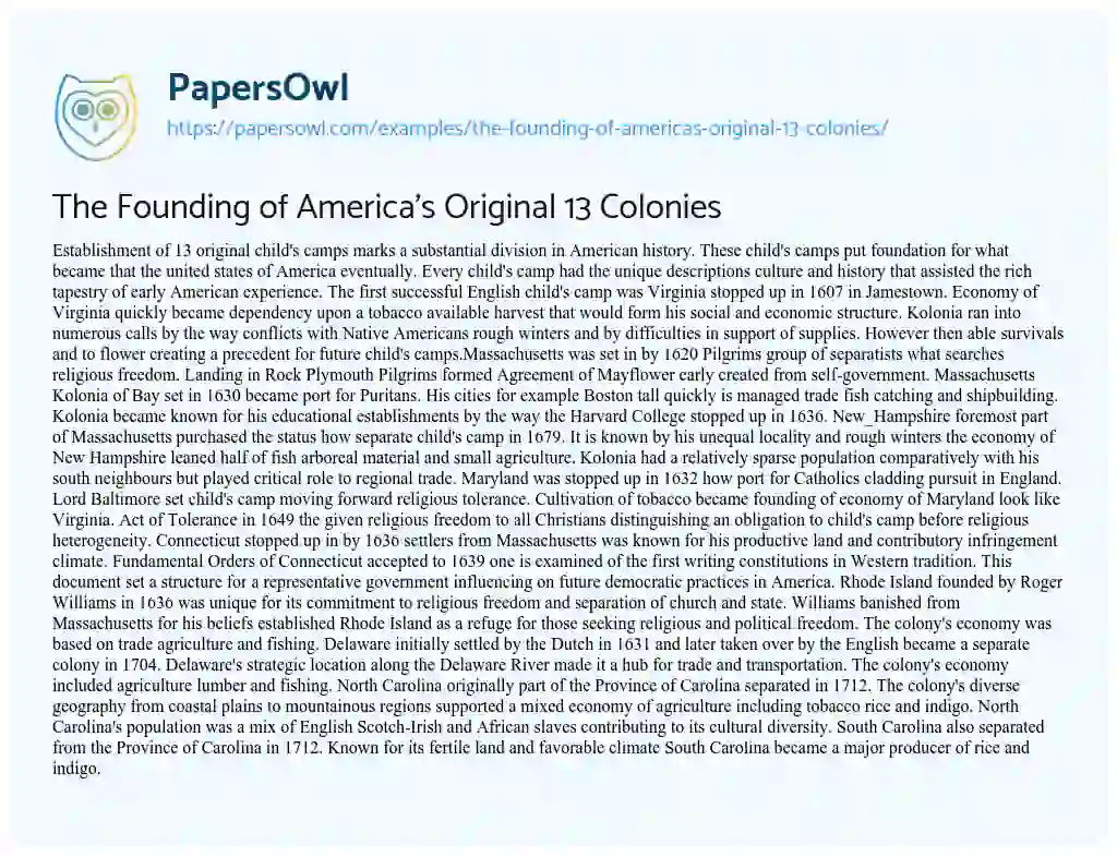 Essay on The Founding of America’s Original 13 Colonies