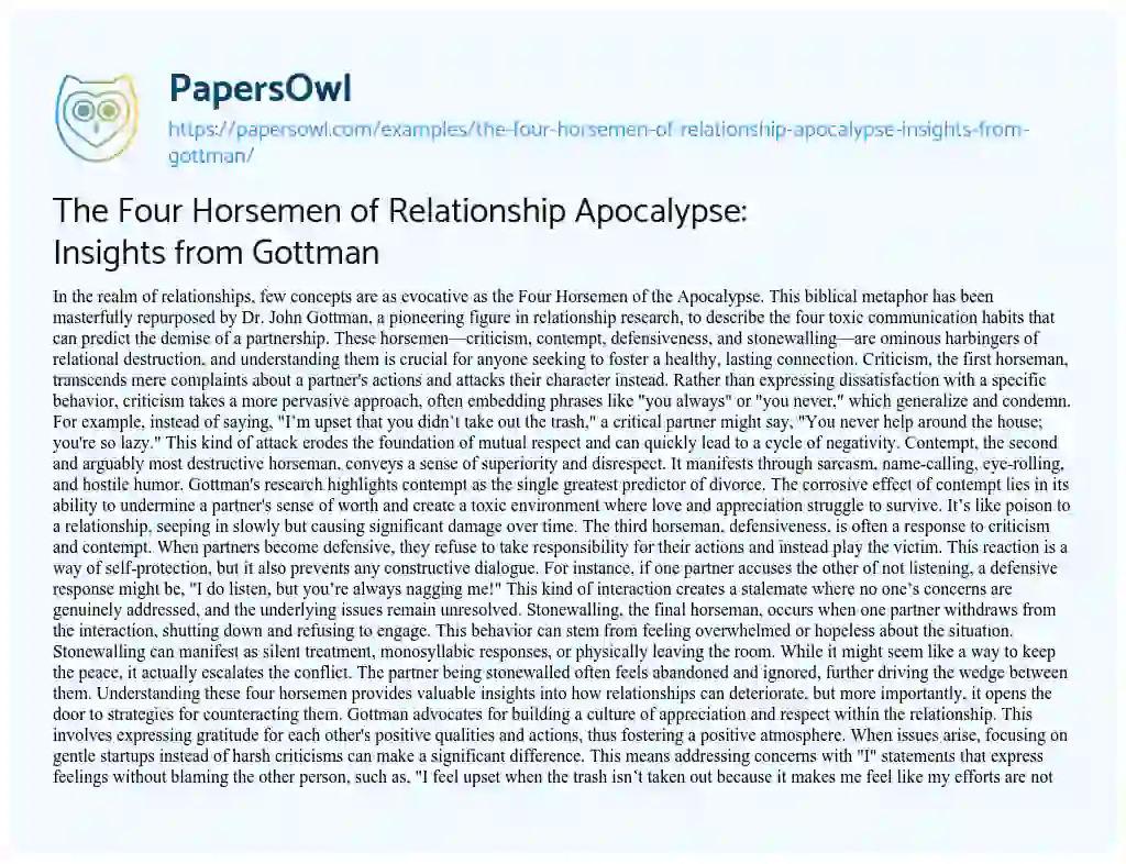 Essay on The Four Horsemen of Relationship Apocalypse: Insights from Gottman