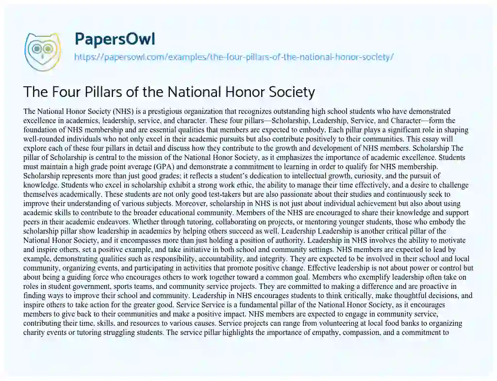 Essay on The Four Pillars of the National Honor Society