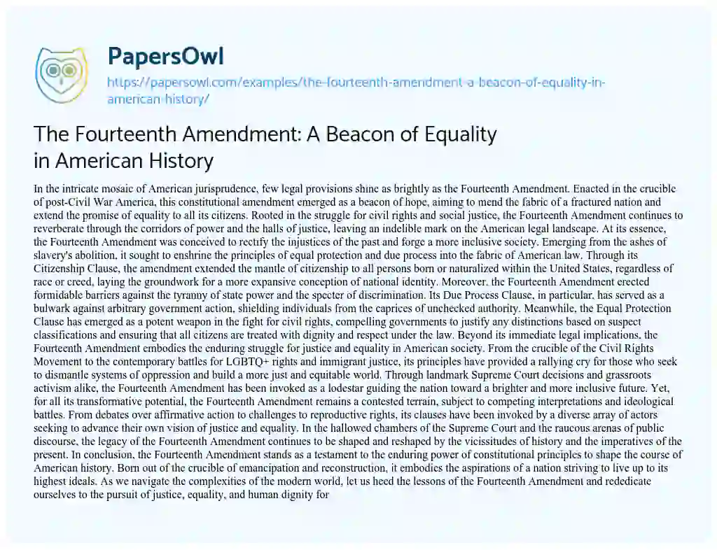 Essay on The Fourteenth Amendment: a Beacon of Equality in American History