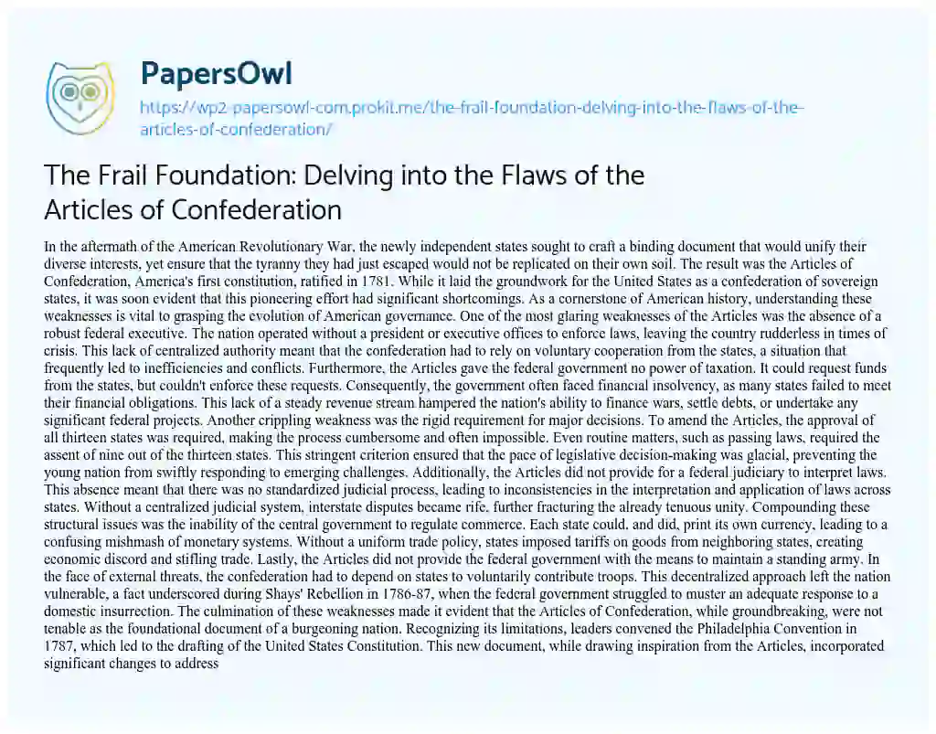 Essay on The Frail Foundation: Delving into the Flaws of the Articles of Confederation