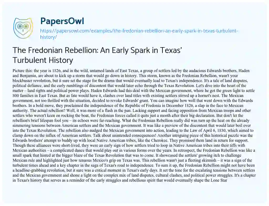Essay on The Fredonian Rebellion: an Early Spark in Texas’ Turbulent History