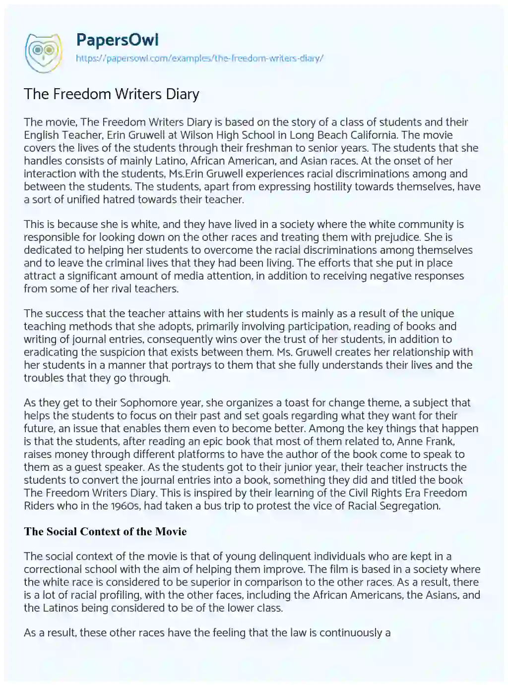 Essay on The Freedom Writers Diary